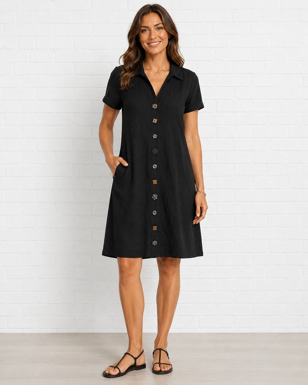 Soft Surroundings Danielle Shirt Dress Size S Black Button Front Pockets Cotton